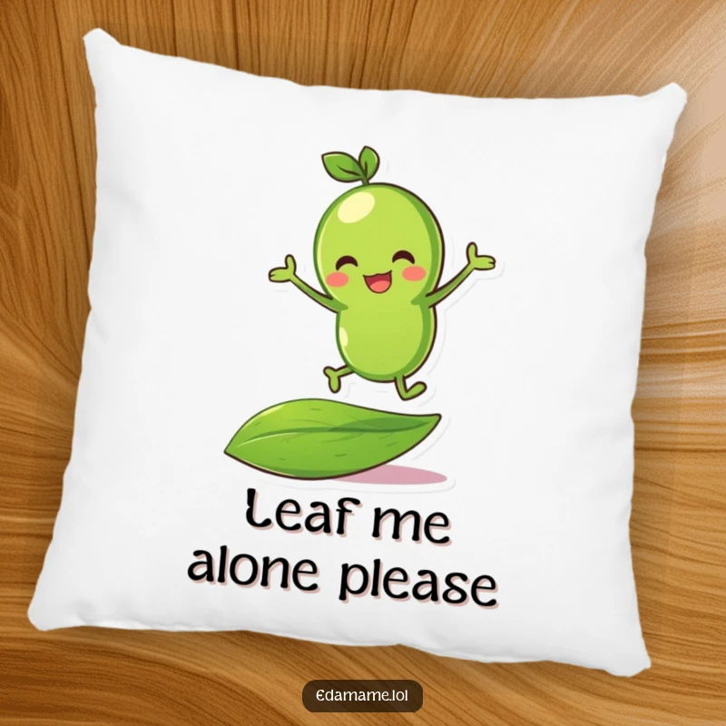 Funny green bean character depicted mid-bounce on a leaf, adorning a soft and squishy pillow.