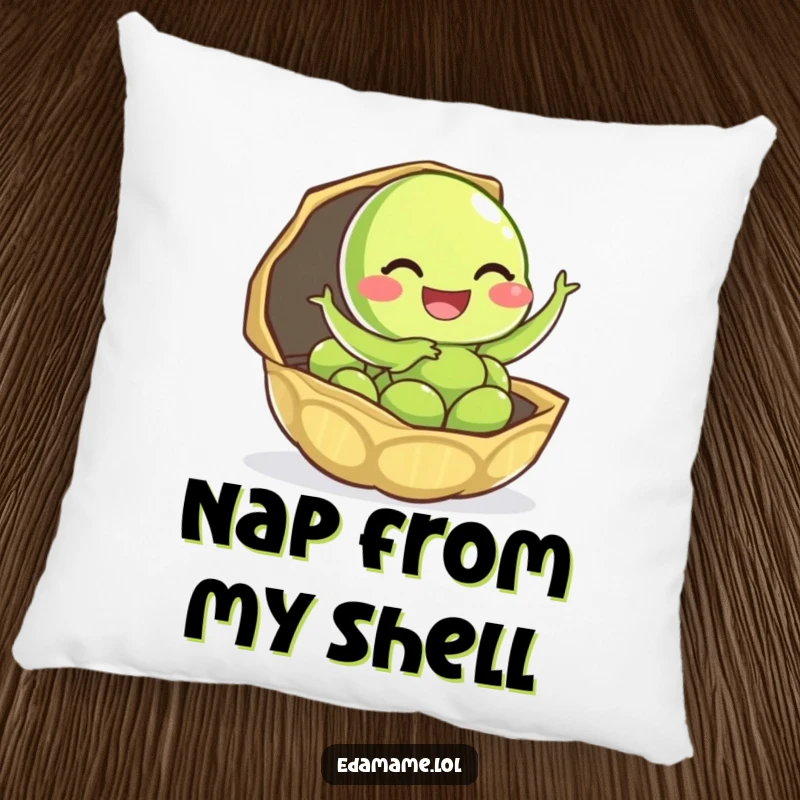 Funny edamame pillow featuring a giggling character leaping out of its pod, offering soft comfort and cheer.