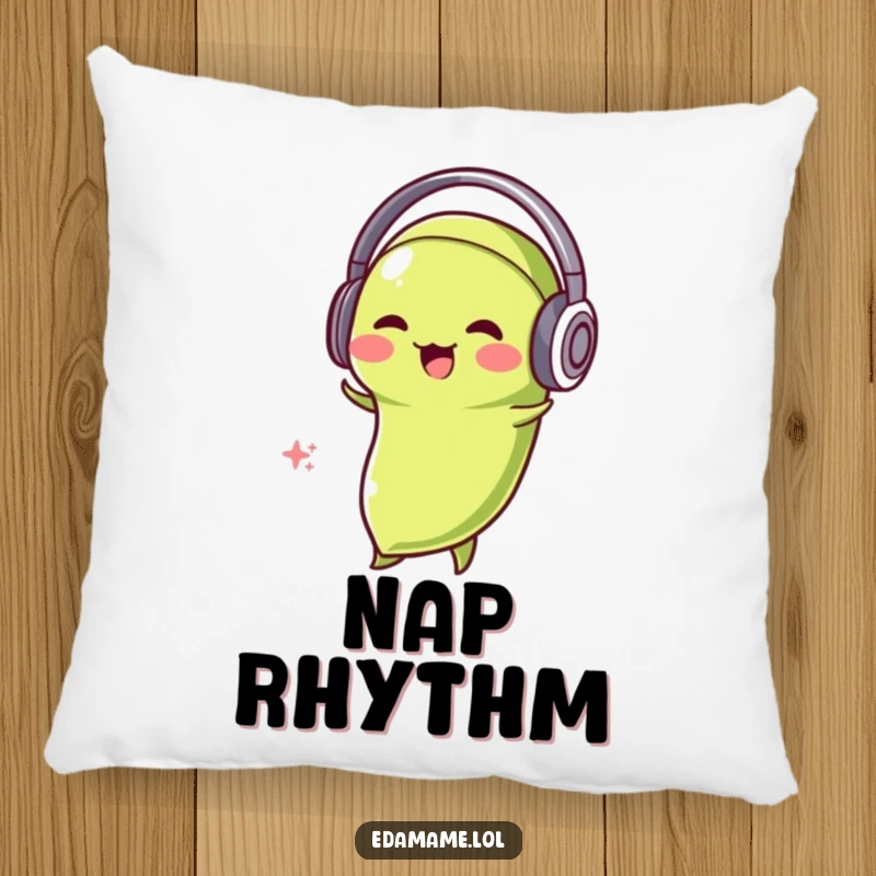 Funny Edamame DJ Pillow featuring a comfy edamame character with headphones, bobbing its head in musical bliss.