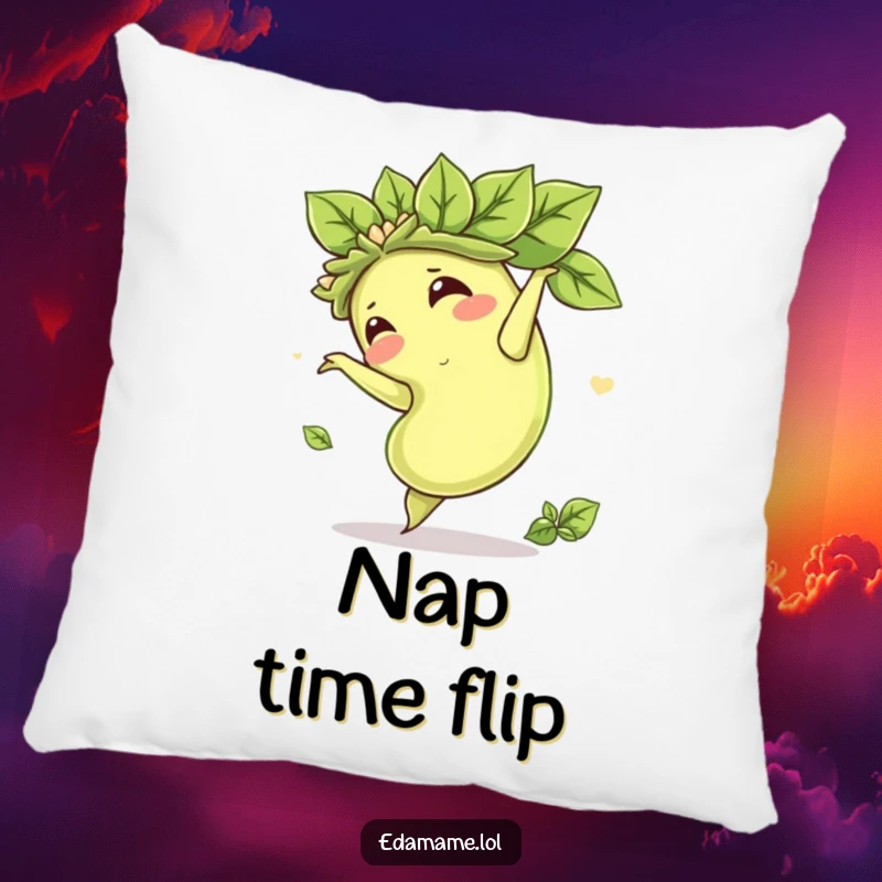 Funny pillow featuring a cute edamame bean performing a somersault, its leafy crown adding to the playful and endearing design.