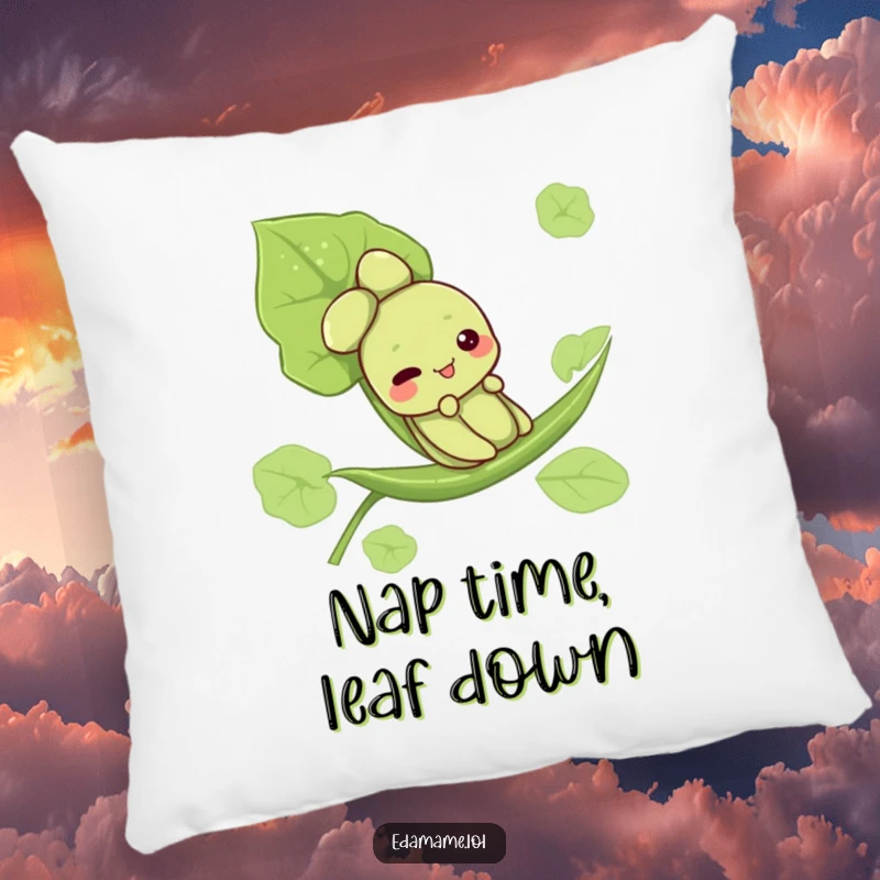 Funny pillow featuring a cute edamame character mid-slide down a leaf, offering a cozy and humorous decorative touch.