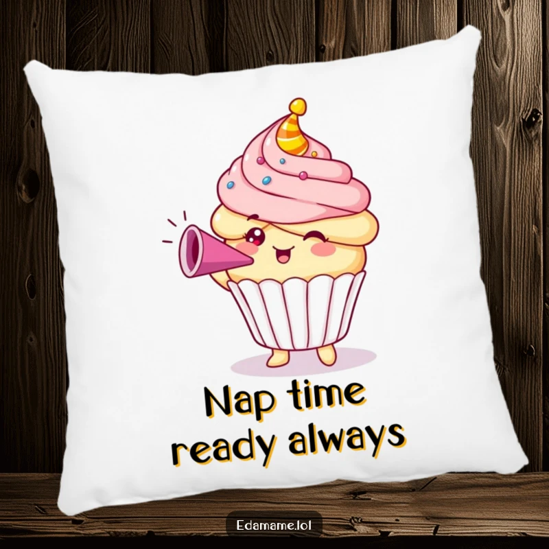 Funny Cupcake Pillow featuring a cheerful character blowing a party horn, adding comfort and humor to any seating area.