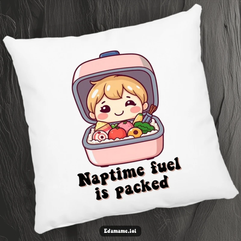 Funny pillow with a smiling bento box character revealing its tiny, happy food contents, offering comfort and a playful decorative touch.