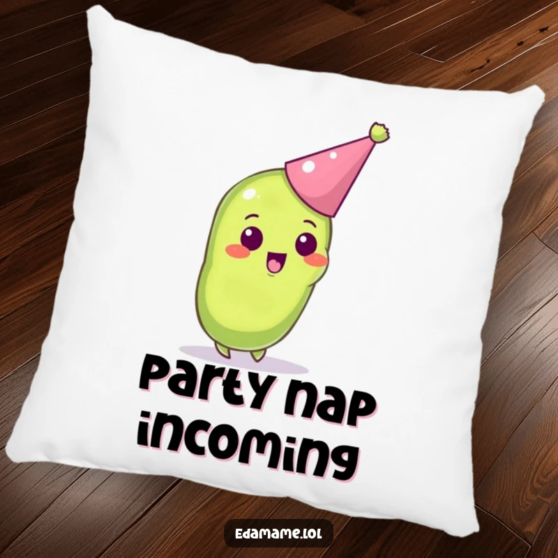 Funny pillow with an excited anthropomorphic edamame pod wearing a party hat, perfect for festive comfort.