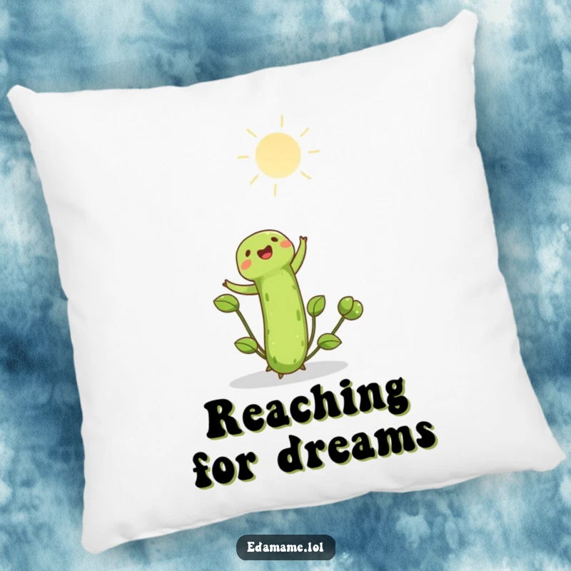 Funny edamame shoot joyfully reaching towards the bright sun on a soft pillow. Adds humorous comfort and sunny charm, great funny gift.