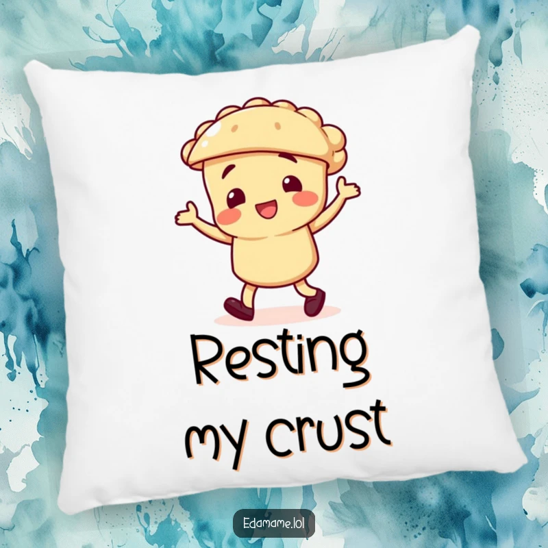 Funny pillow with a pie character performing a silly jig, offering comfort and a humorous, dessert-themed aesthetic.