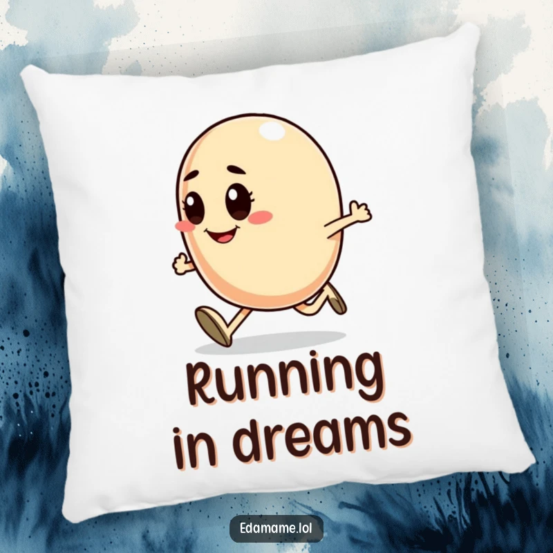 Funny pillow featuring a smiling bean character running with purpose, offering comfort and a dash of motivational humor.