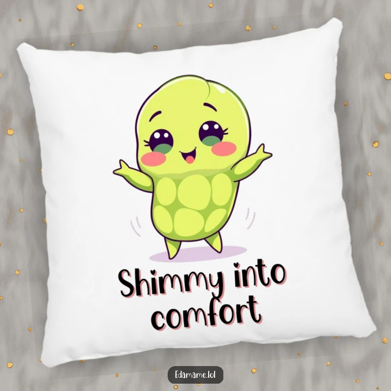 Funny edamame pillow featuring a green pod with sweet eyes doing a happy shimmy, offering plush comfort and humorous appeal.