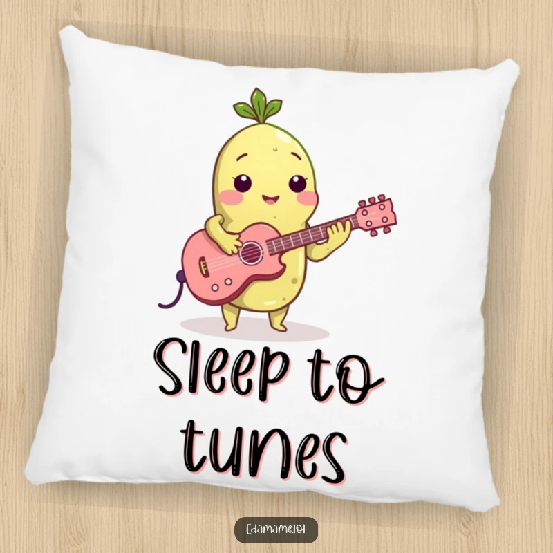 Funny pillow featuring a cute edamame bean playing a small guitar, offering soft comfort and a touch of rock-and-roll flair.