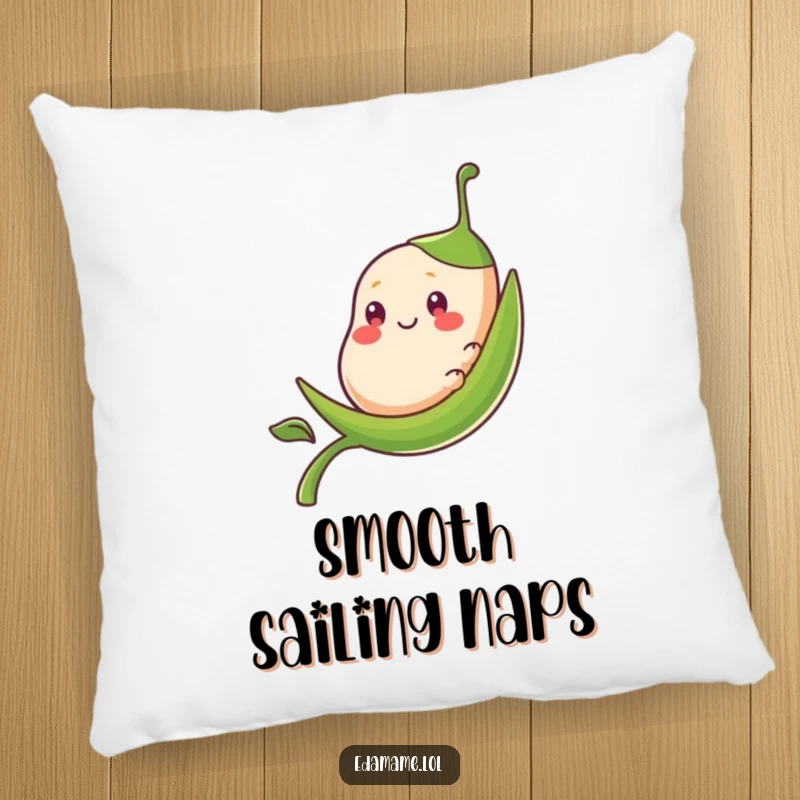 Funny smiling bean pod character sliding down a stalk, featured on a comfortable and decorative pillow.
