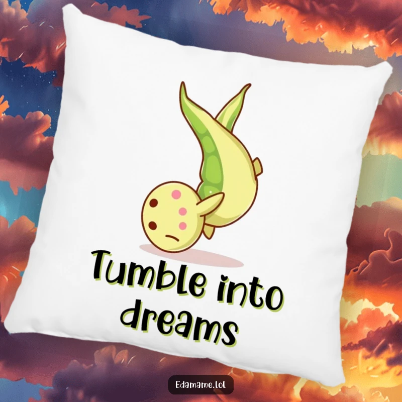 Funny Pillow: A soft cushion featuring an edamame bean in mid-somersault, offering comfort with a whimsical and humorous design.