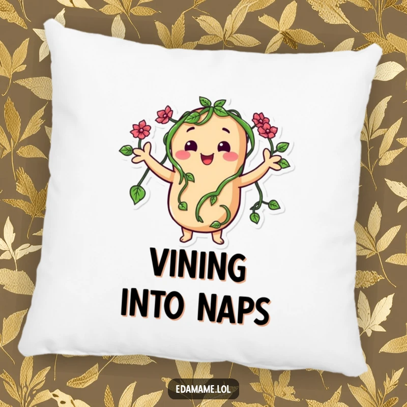 Funny pillow featuring a happy bean character with green vine arms waving, offering comfort and a friendly presence.