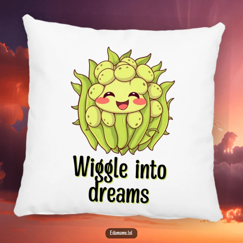 Funny edamame pillow featuring a smiling cluster of green beans wiggling with excitement, offering plush comfort and humorous appeal.