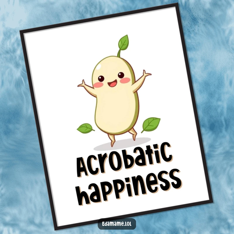 Funny digital art of a smiling edamame bean performing a lively cartwheel, perfect for adding fun to any room.