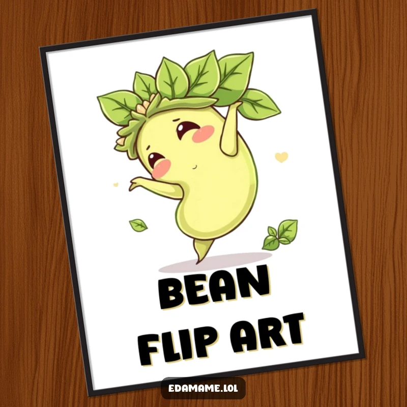 Funny digital art print of an edamame bean doing a cheerful somersault, complete with its leafy crown, perfect for framing and instant decor.