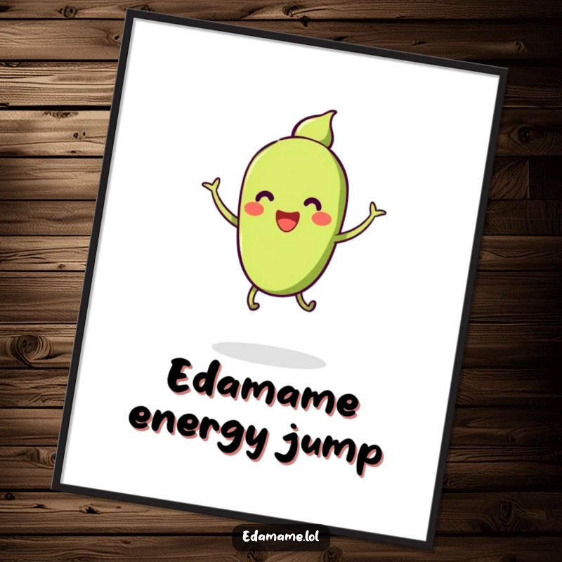 Funny digital art print of a pod of smiling edamame with tiny legs, cheerfully jumping, perfect for adding instant playful humor.