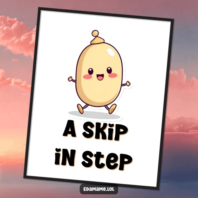 Funny Digital Art Print: A cheerful bean character with a tiny hat skipping, offering instant, joyful, and humorous wall decor.