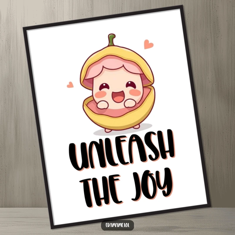 Funny happy edible bean pod splitting open with excitement, as a printable digital art piece. Instant download for joyful and humorous decor.