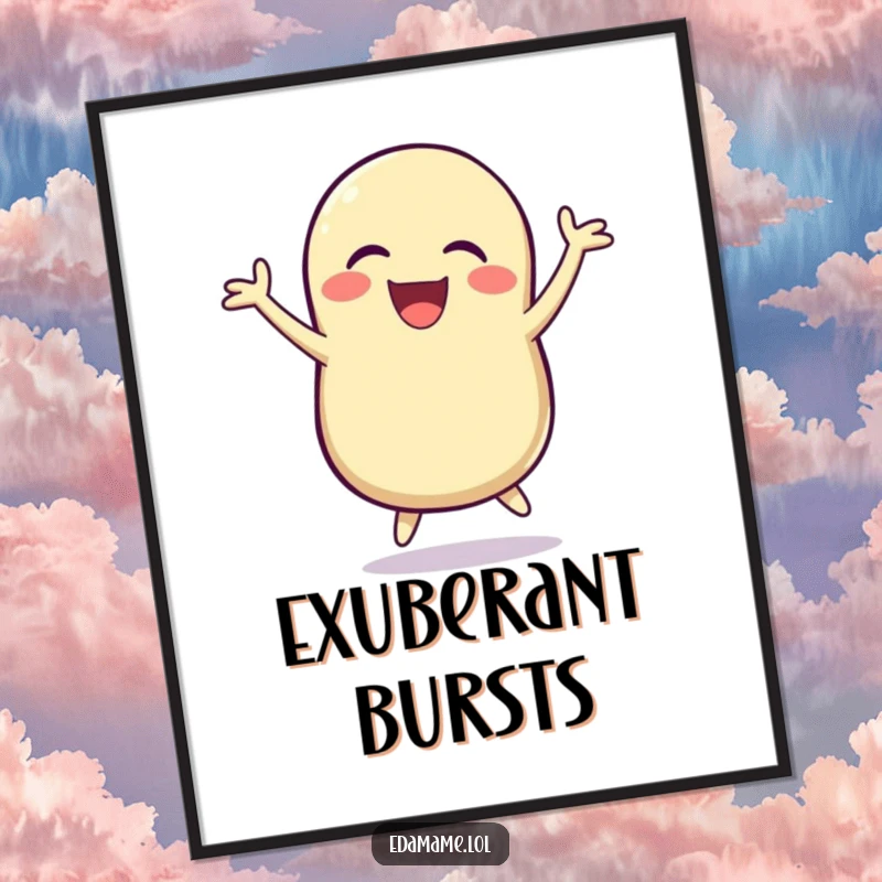 Funny Digital Art Print: A laughing bean pod jumps joyfully, radiating humorous energy and happiness.