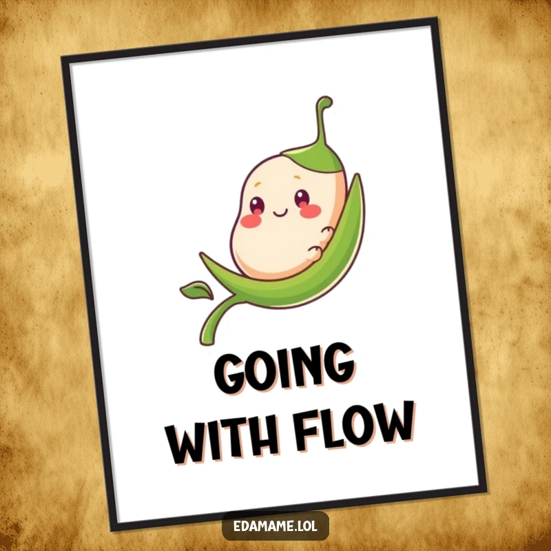 Funny bean pod character sliding down a stalk, ready as a high-resolution digital art print.