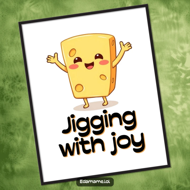 Funny digital art print of a smiling cheese wedge performing a silly jig, ideal for humorous and delightful home decor.