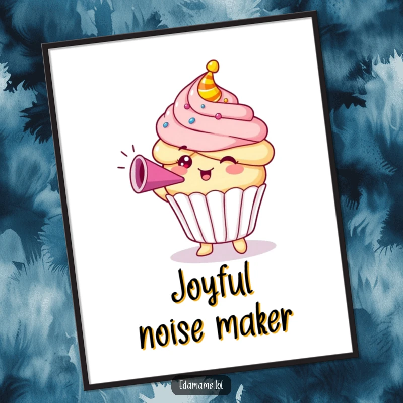 Funny Cupcake Digital Art Print of a celebratory character blowing a party horn, perfect for instant joyful home decor.