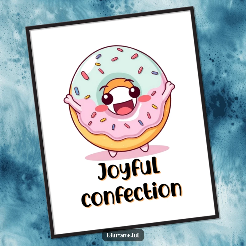 Funny digital art print of a delighted donut character with sprinkles, bouncing joyfully, perfect for sweet and happy decor.