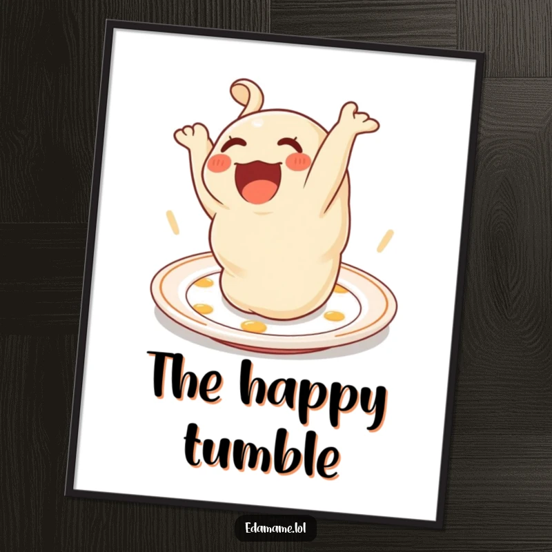 Funny Digital Art Print of a delighted dumpling doing a somersault, bringing instant cheer and foodie humor.