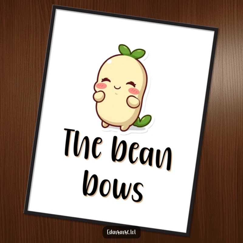 Funny smiling edamame bean doing a respectful bow, as a printable digital art piece. Instant download for elegant and humorous decor.