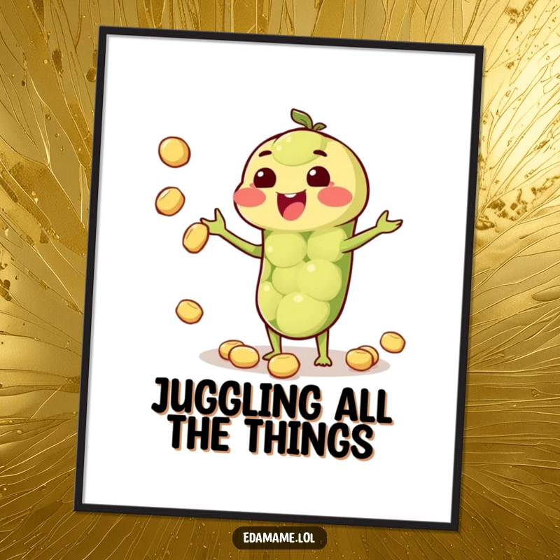 Funny digital art print of a happy anthropomorphic edamame pod juggling small beans, ready for instant download.