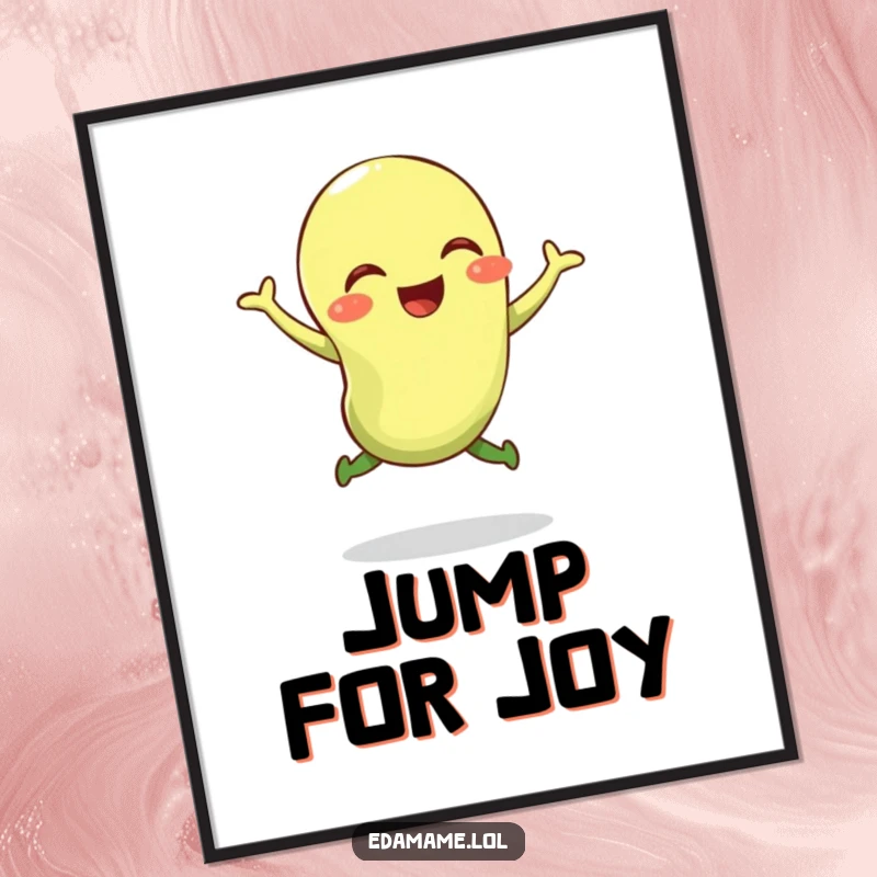 Funny digital art print of a giggling edamame bean performing a bouncy jump, ready for immediate printing.