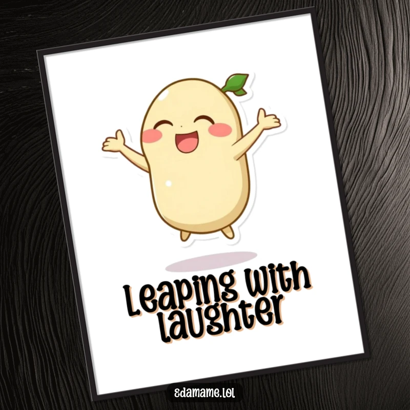 Funny digital art print of a laughing edamame pod character performing an energetic silly jump, full of life and mirth.