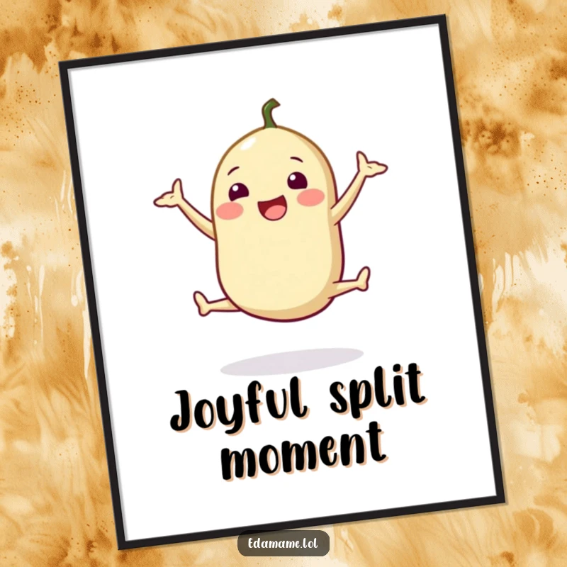 Funny digital art print of a happy edamame pod doing a cheerful split jump, perfect for adding energetic decor.