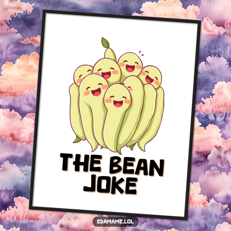 Funny cluster of edamame beans laughing together heartily, as a printable digital art piece. Instant download for cheerful and humorous decor.
