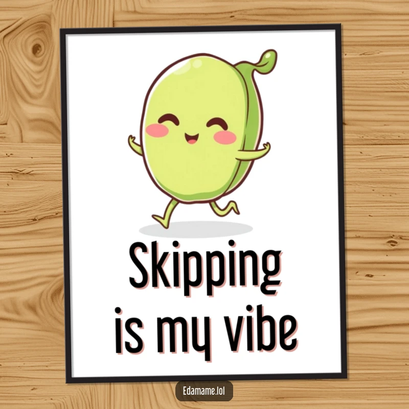 Funny smiling edamame pod with little legs happily skipping, as an instant download funny art print, radiating cheer.
