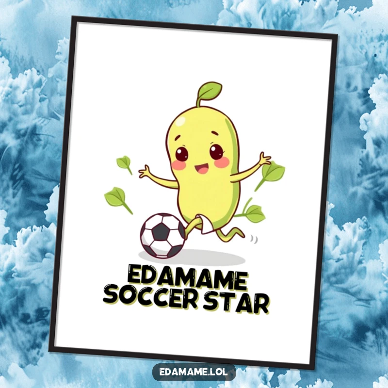 Funny digital art print of a happy edamame bean kicking a small soccer ball, perfect for sports-themed decor.