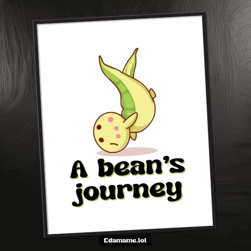 Funny Digital Art Print: An edamame bean captured mid-somersault, offering instant, energetic, and humorous wall decor.