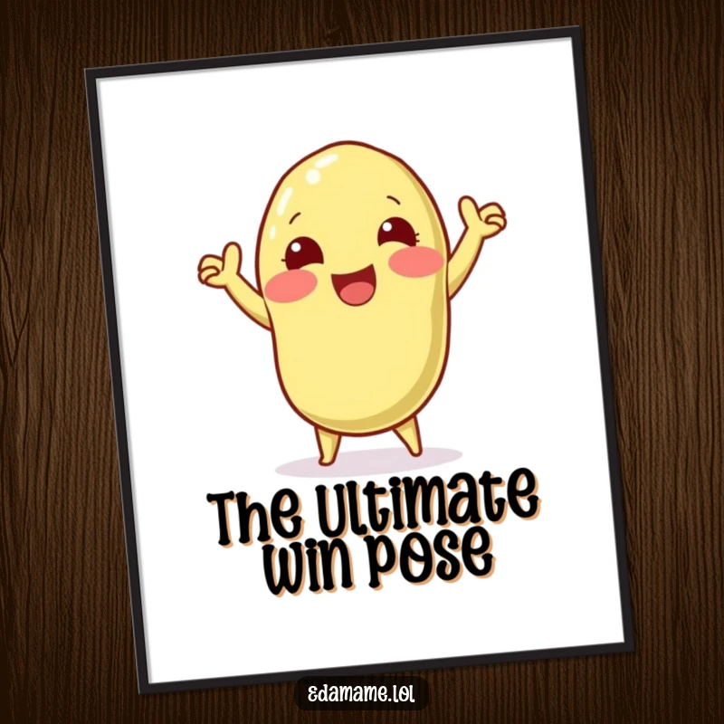 Funny digital art print of a jubilant edamame pod character performing a victory dance, offering instant celebratory decor and humor.