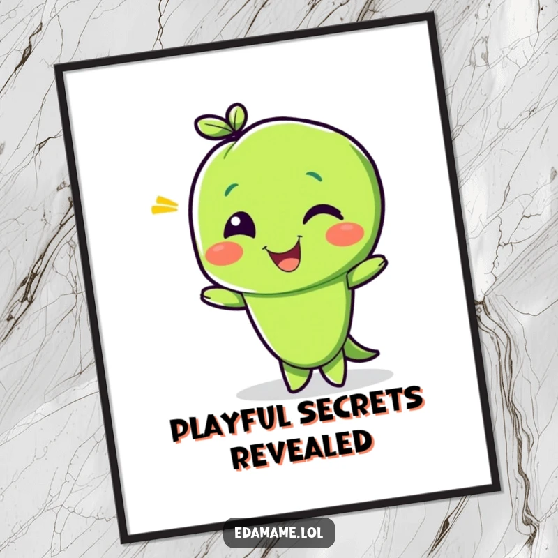 Funny digital art print of a delighted edamame bean character giving a playful wink, offering instant cheeky decor and a mischievous charm.