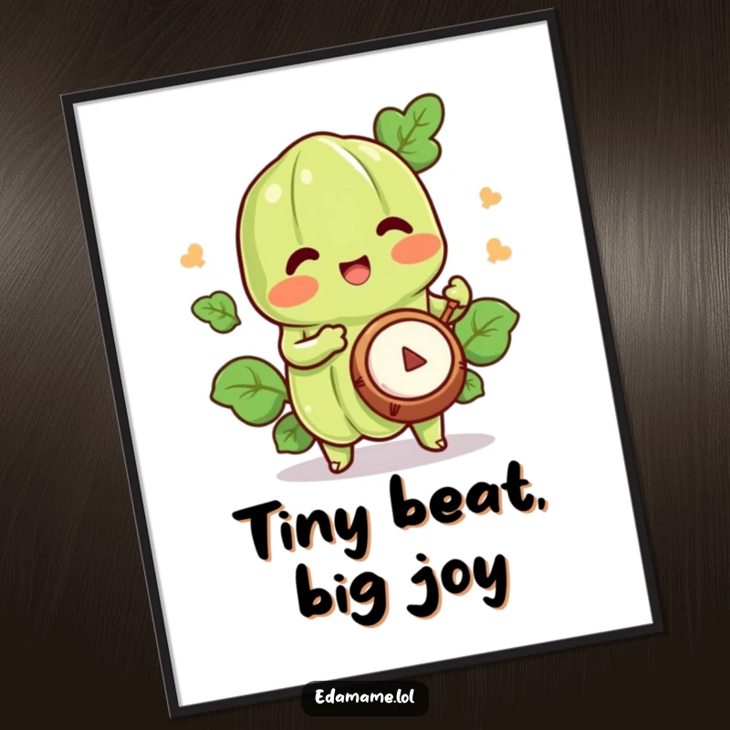 Funny edamame digital art print of a happy character playing a tiny drum, perfect for instant musical decor.