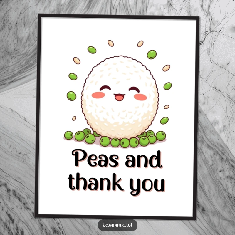 Funny Rice Ball Juggling Digital Art Print: A vibrant illustration of a cheerful rice ball character juggling peas with joy.