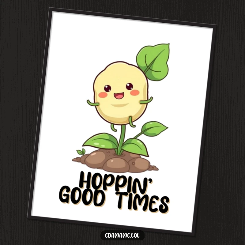 Funny pod hopping digital art print of a happy plant character with tiny legs, joyfully hopping on a plant.