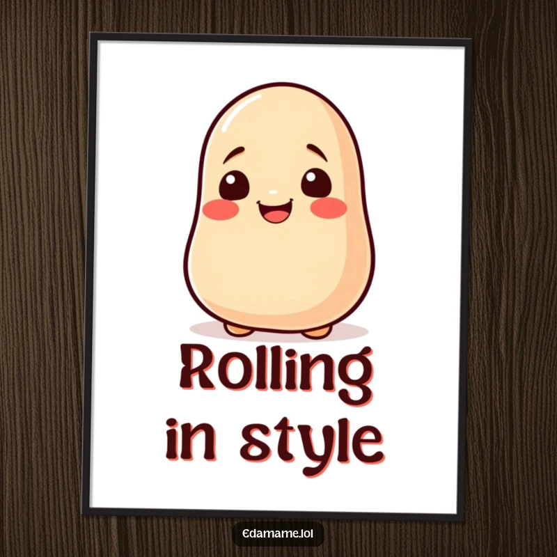 Funny soy bean rolling digital art print of an excited, smiling bean character, perfect for immediate humorous decoration.