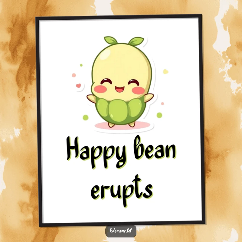 Funny Digital Art: A bubbly edamame bean character overflows with joy, perfect for adding instant cheerful and humorous decor.