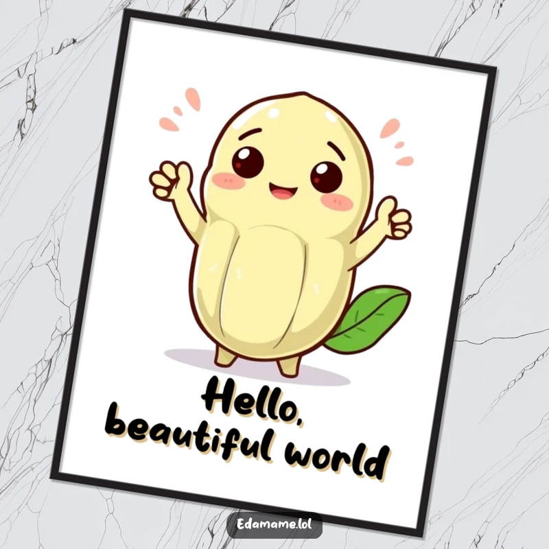 Funny cheerful edamame pod with tiny arms waving enthusiastically, as an instant download funny art print, radiating a warm welcome.