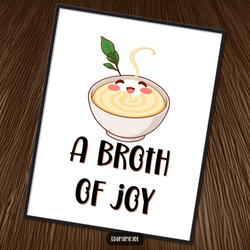 Funny digital art print of a gleeful dashi broth character happily swirling in a bowl, bringing instant warmth and culinary charm.