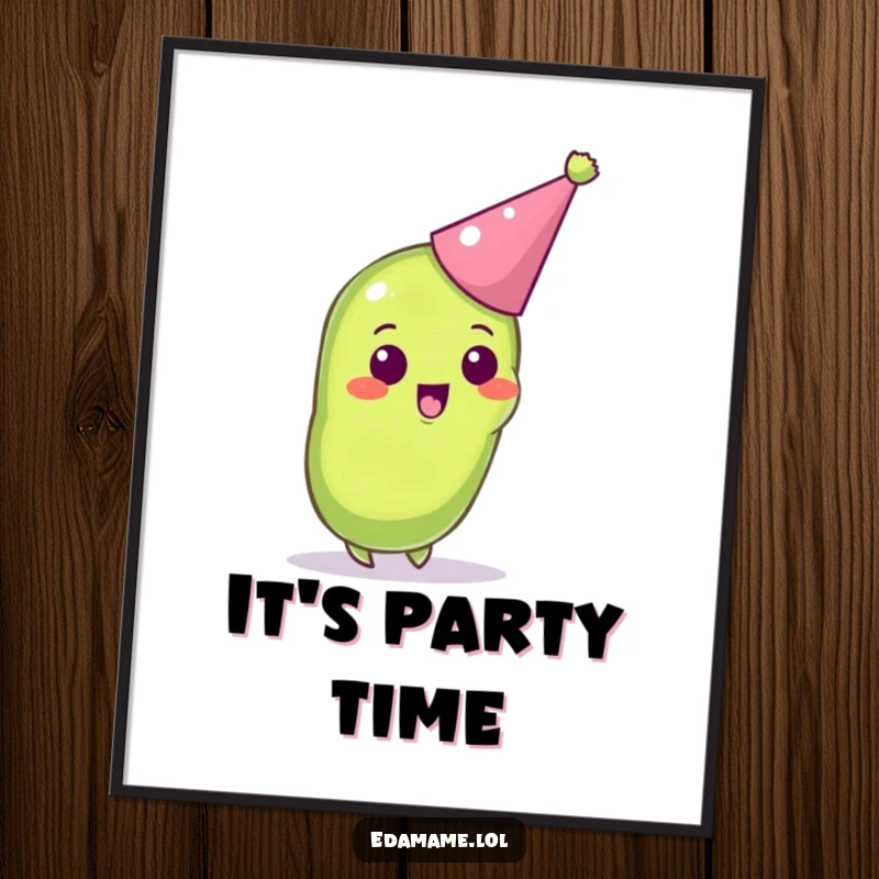Funny digital art print of an excited anthropomorphic edamame pod wearing a party hat, ready for instant display.