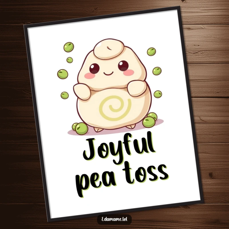 Funny digital art print of a happy dumpling with a swirl pattern juggling peas, radiating joy and culinary skill for vibrant decor.