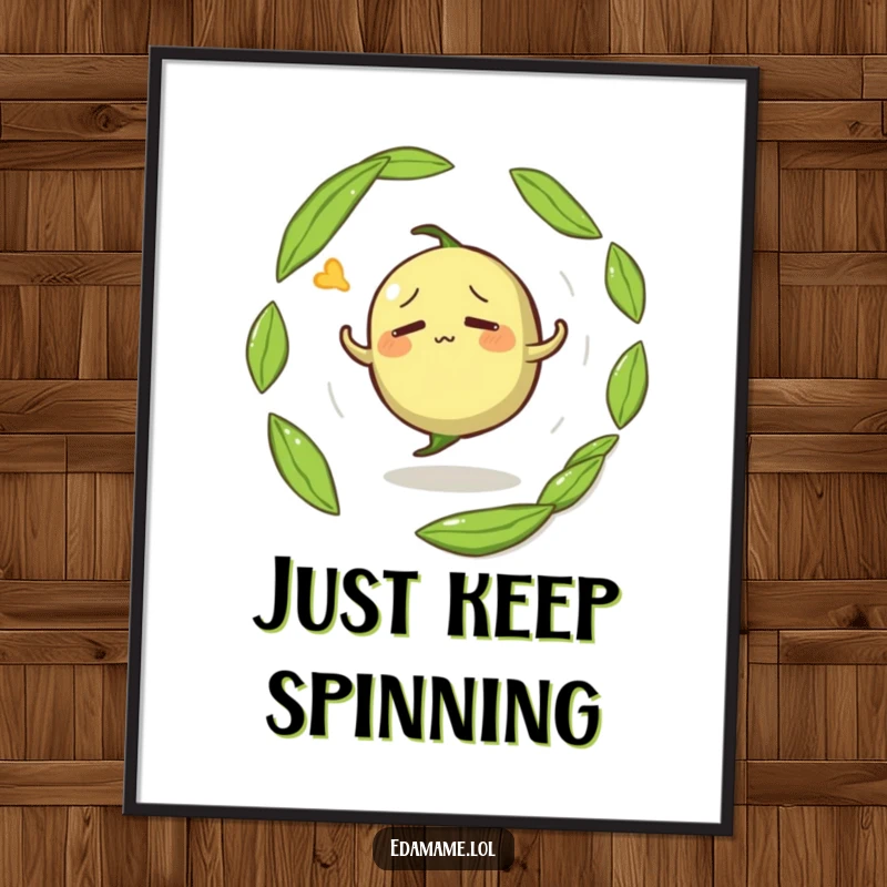 Funny digital art print of a confused anthropomorphic edamame pod spinning in circles, ready for instant download.