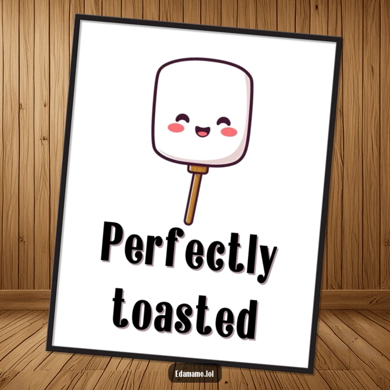 Funny digital art print of a cheerful marshmallow character popping off a stick, creating humorous, warm, and inviting wall decor.